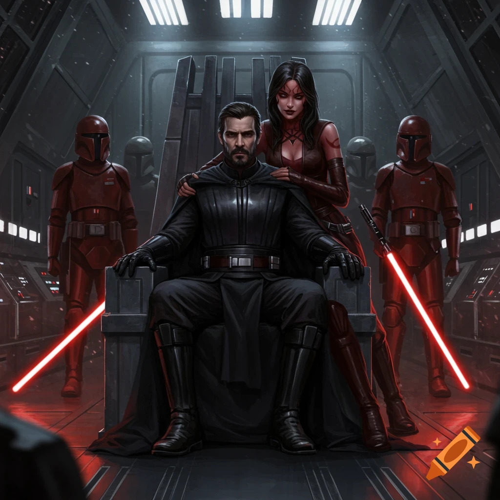 A man in dark Sith armor on a throne with a woman beside him and two red-armored guards with red lightsabers in a spaceship interior.