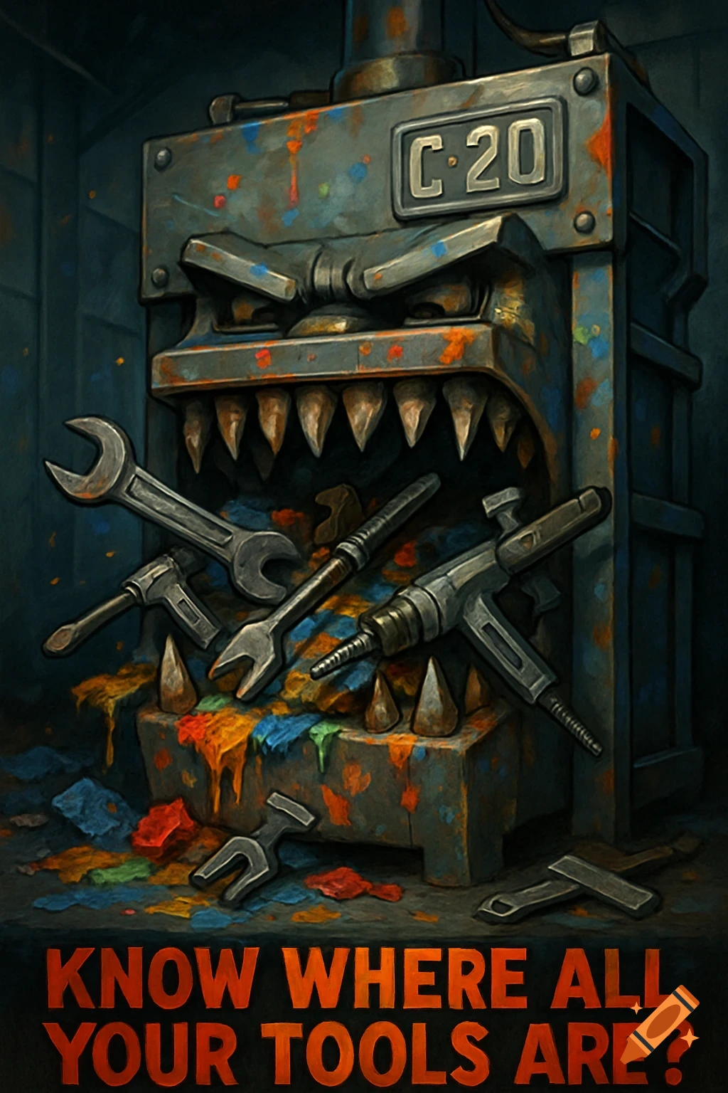 A menacing, toothy industrial trash compactor, labeled "C-20", devours tools and paint. Text below asks "KNOW WHERE ALL YOUR TOOLS ARE?"