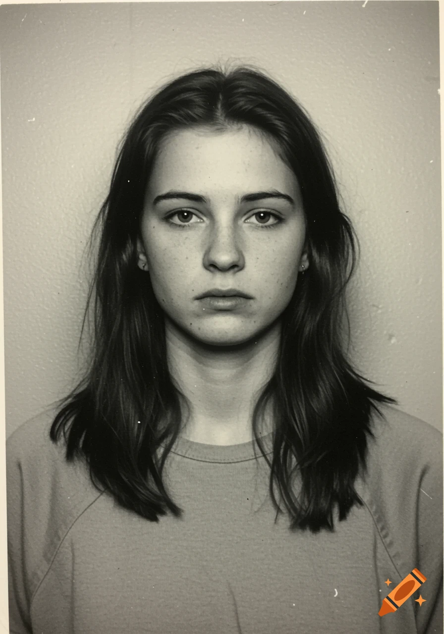 Black and white close-up photo of a young woman with long hair, looking directly at the camera.