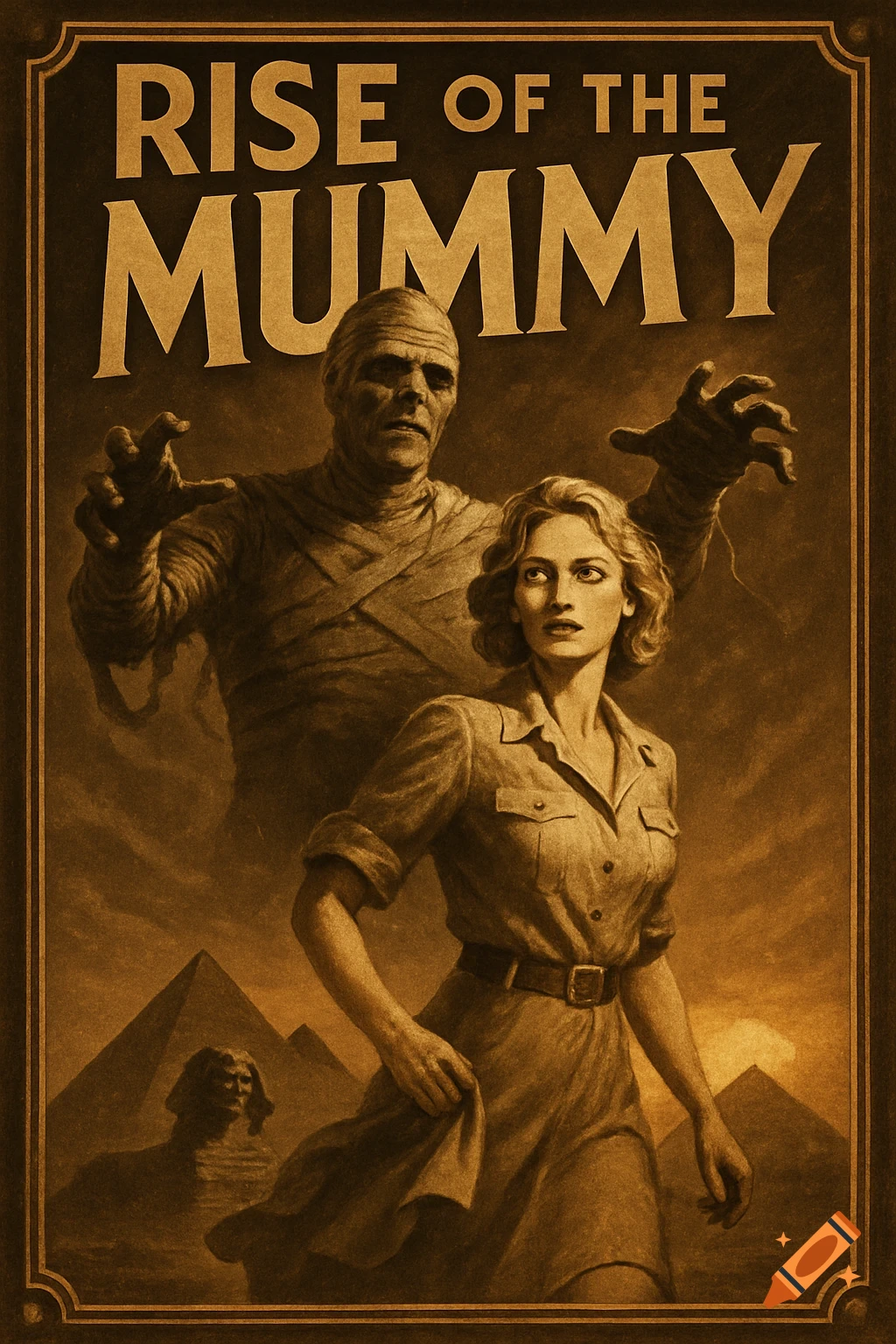Vintage sepia movie poster for 'Rise of the Mummy' with a looming mummy, an explorer woman, pyramids, and a sphinx.