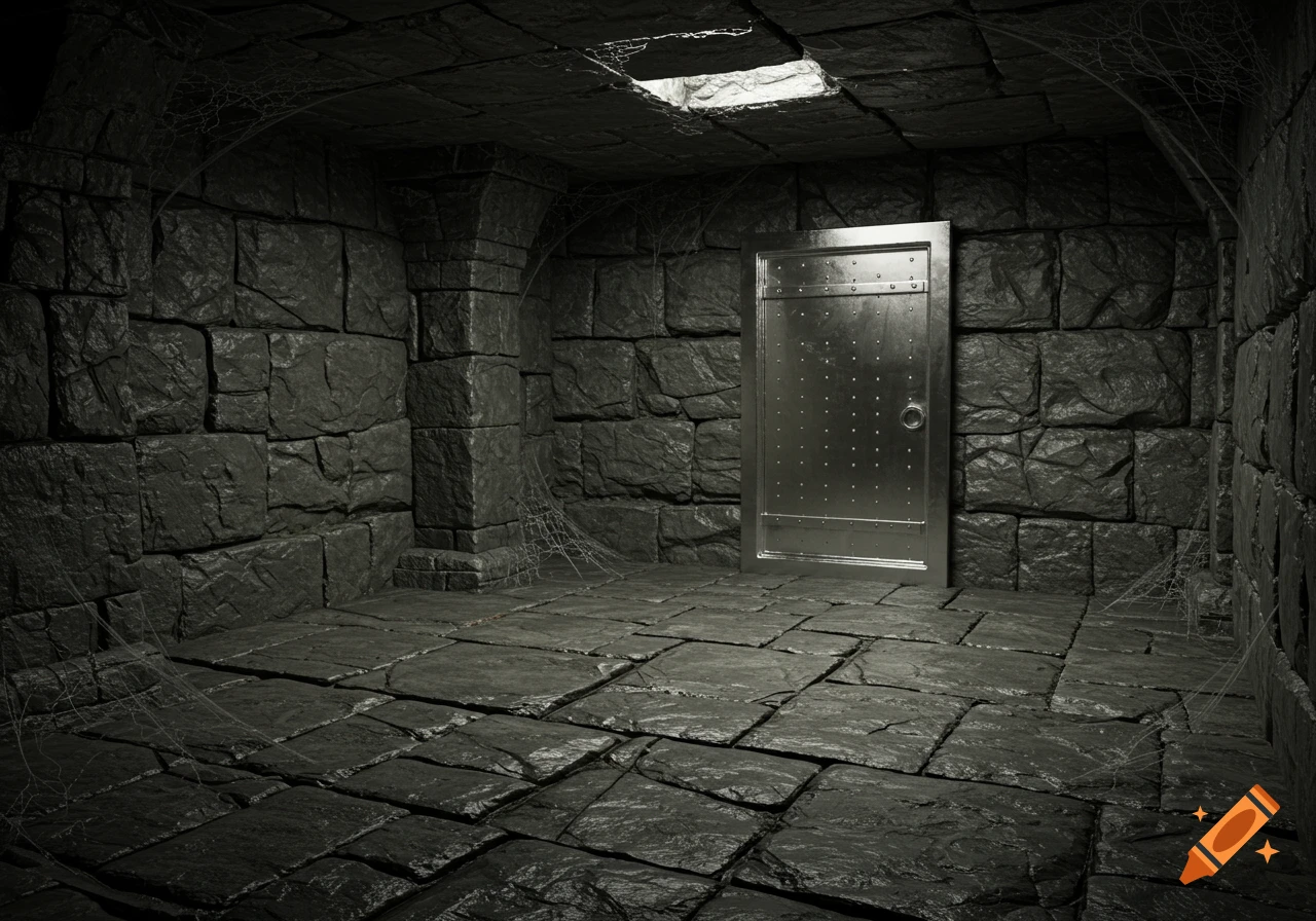 A dark dungeon room with rough stone walls and floor, covered in spiderwebs. A single polished steel door stands in the back.