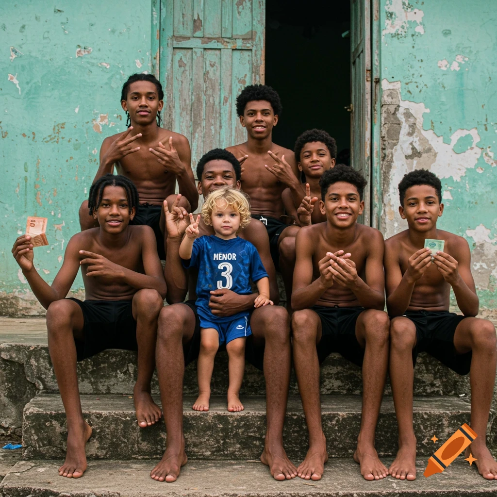 A group of shirtless young males and a small child in a blue jersey sitting on concrete steps in front of a teal dilapidated building. Some are making hand gestures and holding money.