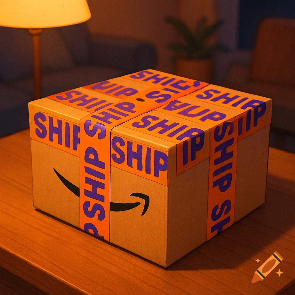 A brown Amazon box wrapped with orange tape featuring repeating purple text, sitting on a wooden table.