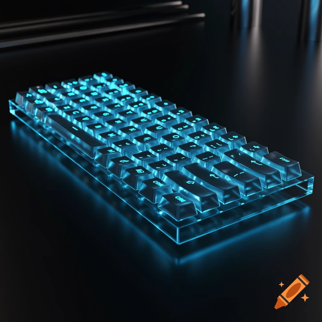 A close-up of a futuristic glowing blue glass keyboard on a dark surface.