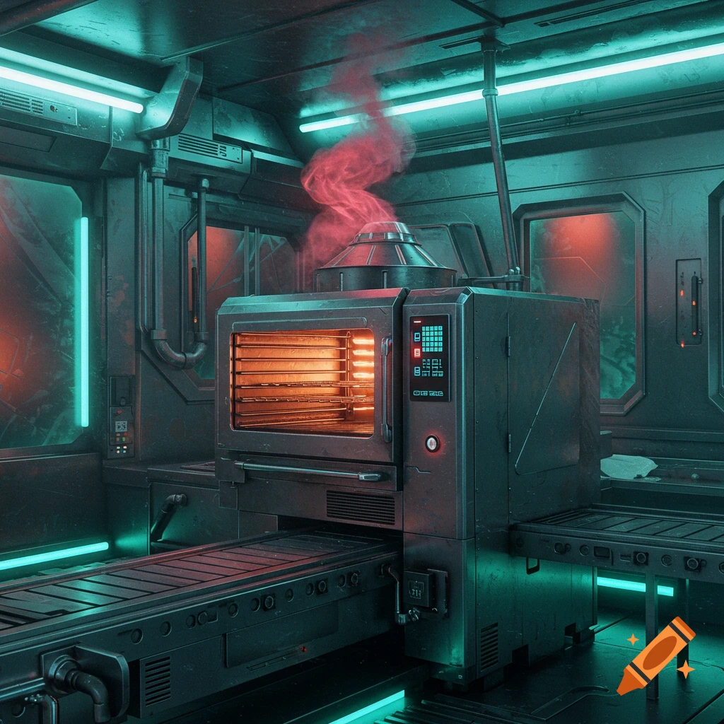 A futuristic industrial scene with a large, glowing red oven and a conveyor belt, bathed in teal and red neon lights.