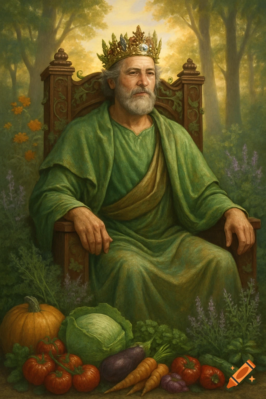 A regal king with a white beard in a green robe and crown sits on a wooden throne in a lush forest, surrounded by fresh vegetables.
