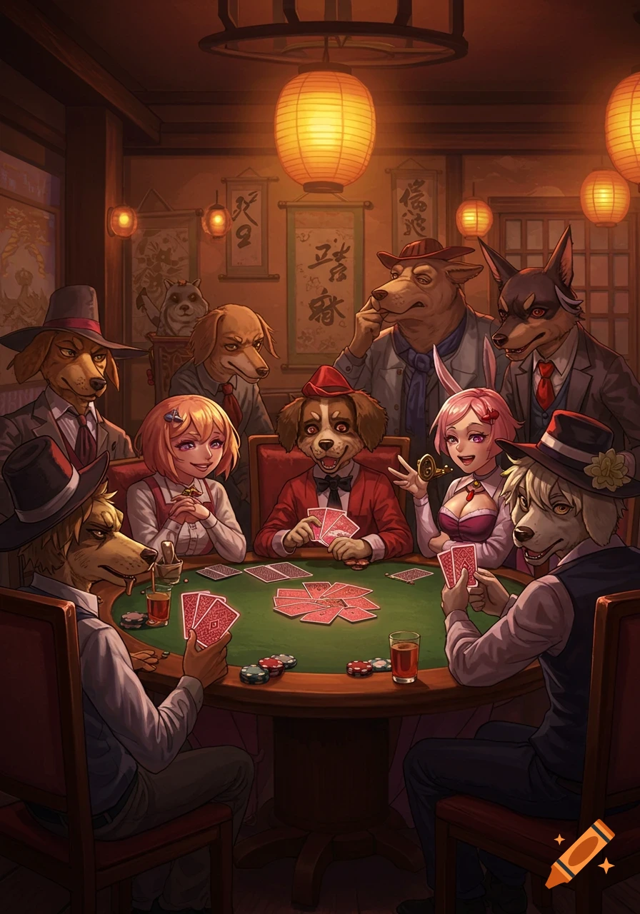 Anime-style anthropomorphic dogs and human-like characters play poker around a green table in a warmly lit room.