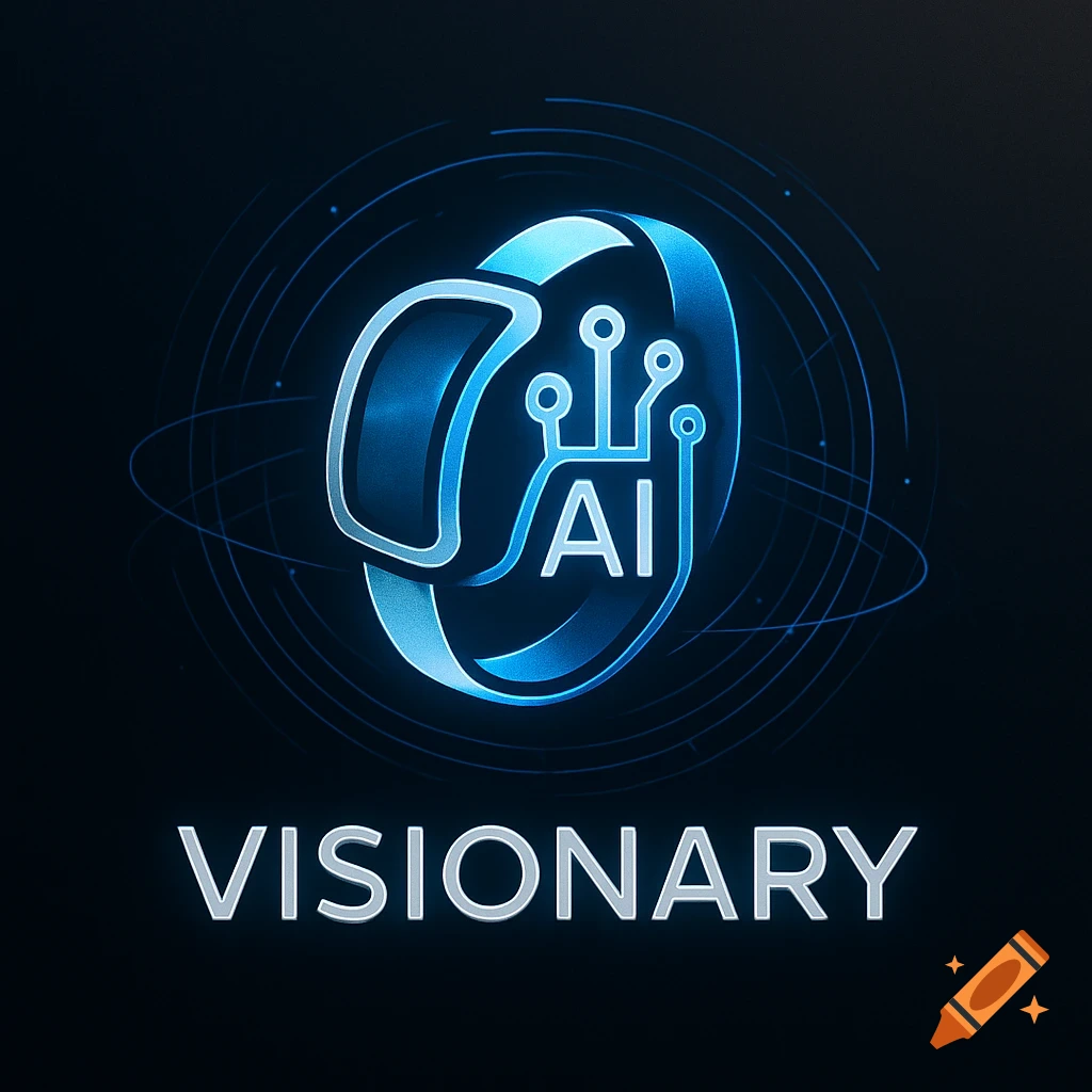 A futuristic blue and silver logo with 'AI' integrated into a circuit board design shaped like a watch or earbud, with 'VISIONARY' text below.