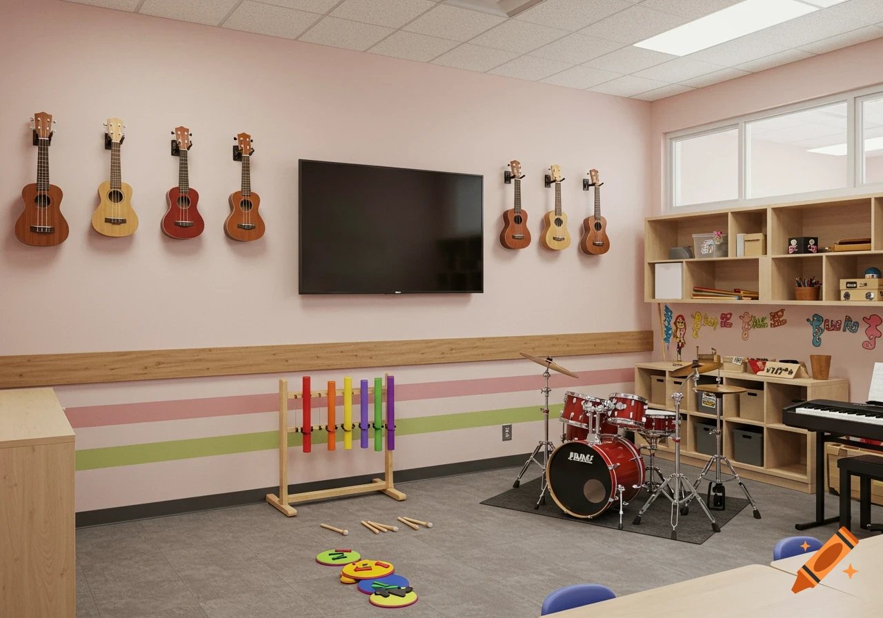 A colorful elementary music classroom with ukuleles hanging on the light pink wall, a drum set, a piano, and shelves with instruments.