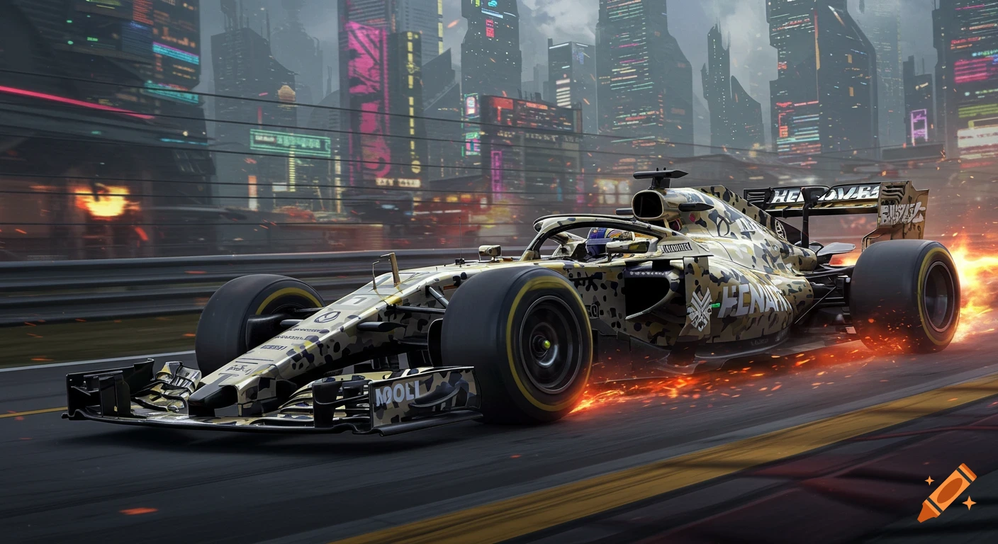 A sleek Formula 1 car with a desert camouflage pattern races through a futuristic, neon-lit city at night, with sparks flying from its wheels.