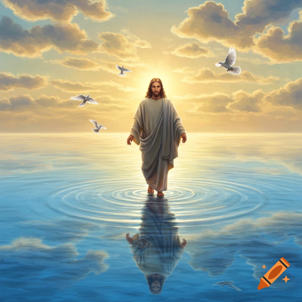 Jesus walks on water at sunrise, surrounded by flying doves, with his reflection visible in the rippling water.