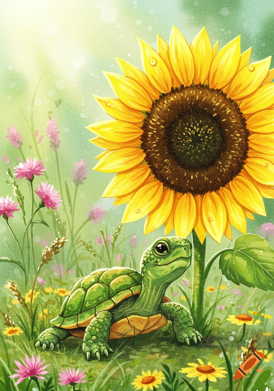 A cute green turtle smiles, sitting in a sunny field of wildflowers with a large yellow sunflower behind it, in a vibrant watercolor style.