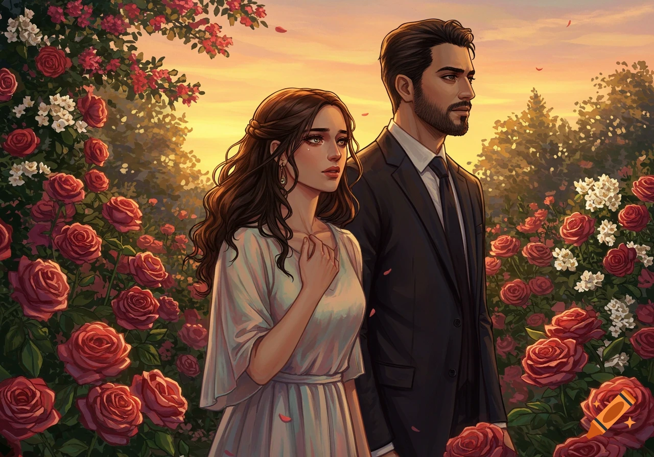 Illustrated man and woman standing in a rose garden at sunset.
