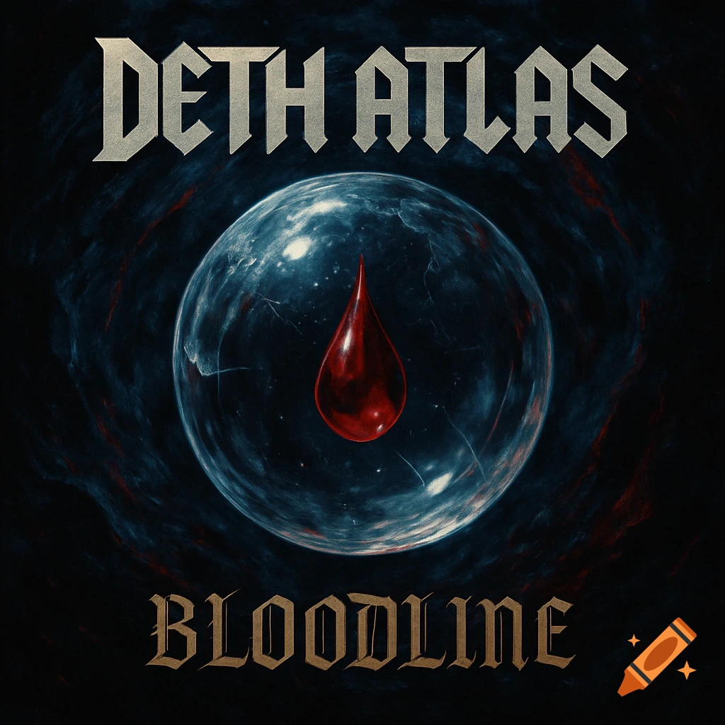 Album cover for DETH ATLAS titled BLOODLINE, featuring a transparent globe with a red blood drop in a dark, stylized setting.