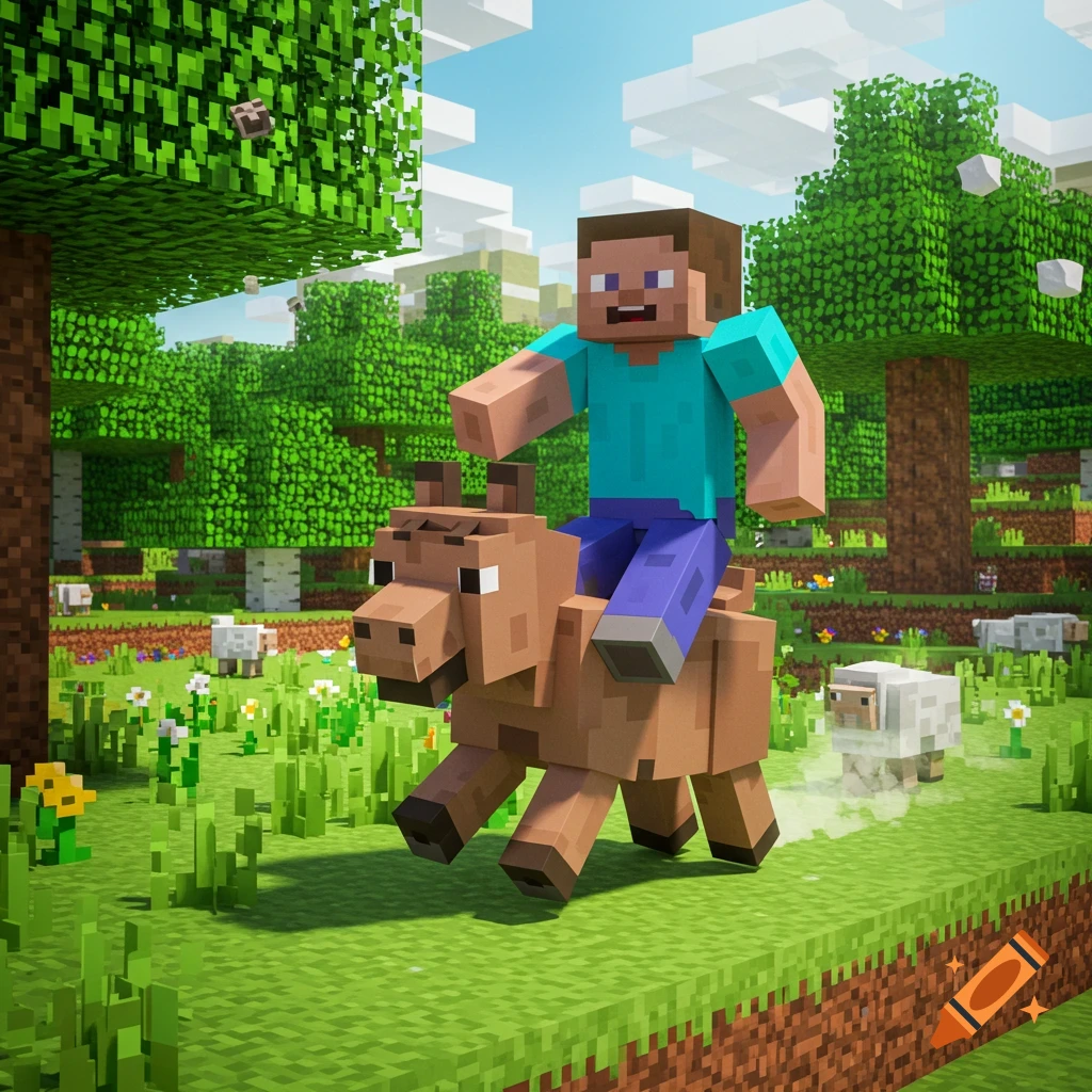 Steve, a blocky character from Minecraft, rides a brown donkey through a green blocky landscape with trees and sheep.