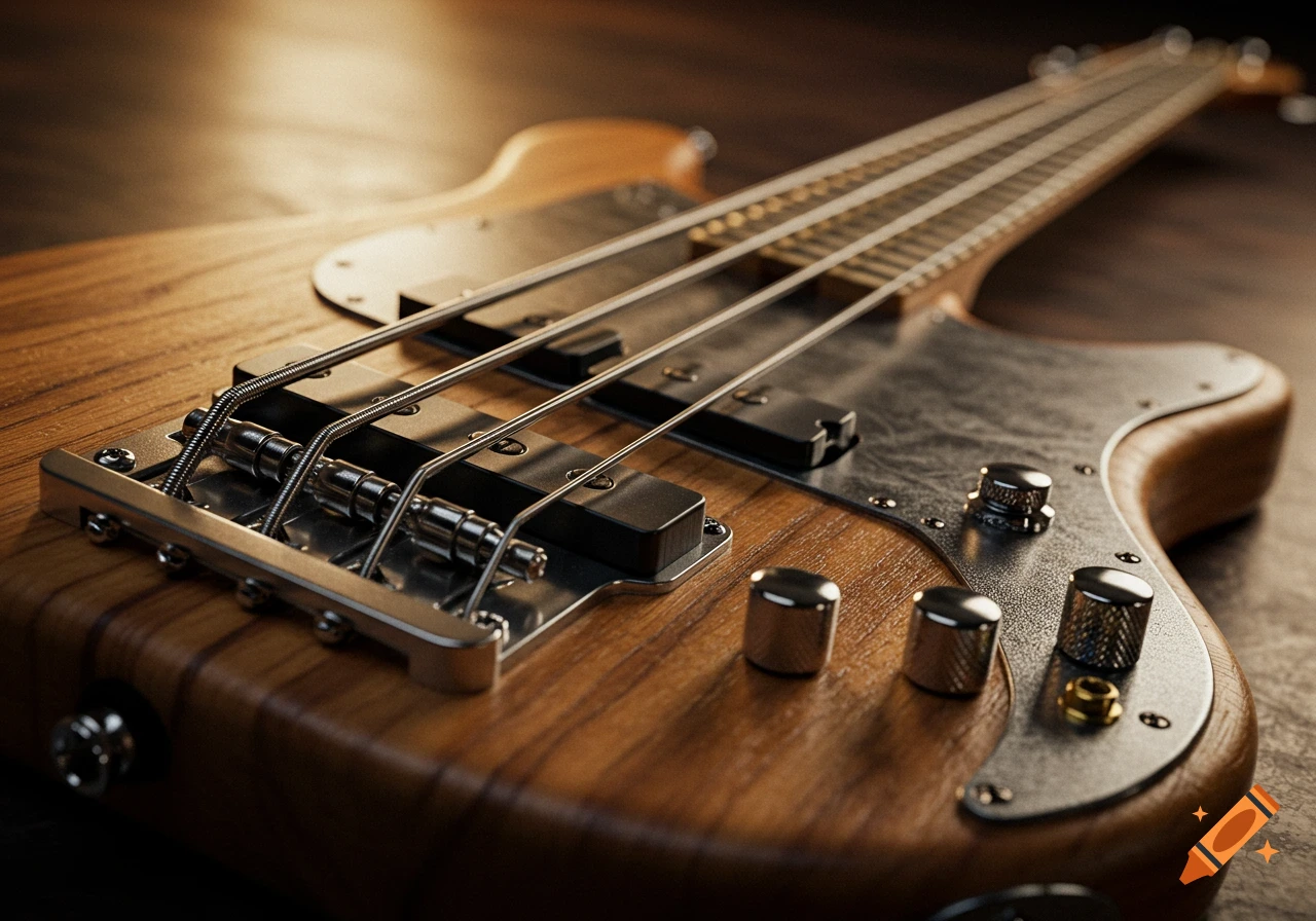 Close-up of a bass guitar with a wooden body, metal pickguard, and four strings.