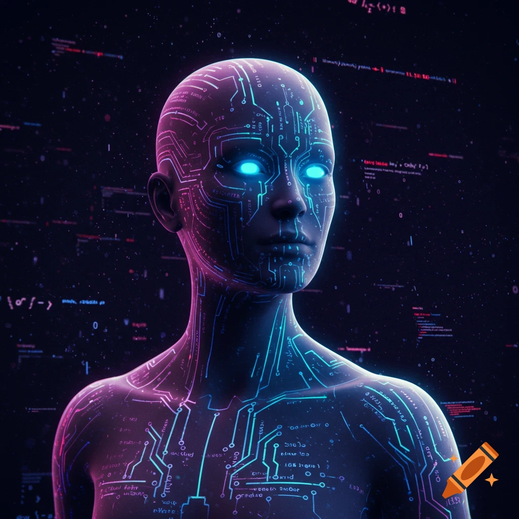 A futuristic humanoid figure with glowing blue eyes and neon circuit patterns on a dark background with digital code.