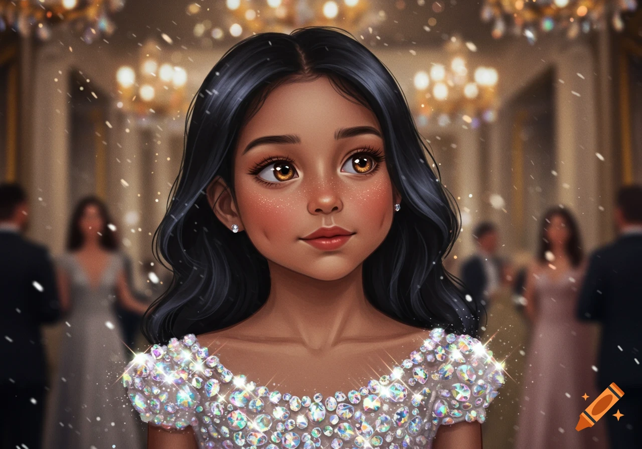 A stylized portrait of a young girl with black hair and hazel eyes wearing a sparkling diamond gown at a formal event.