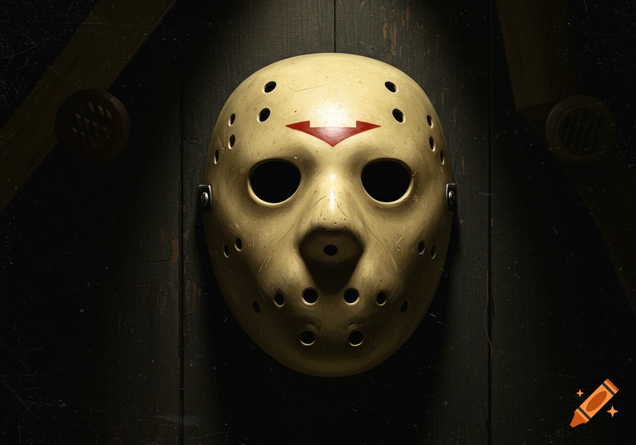 A beige, aged hockey mask with a red chevron symbol on its forehead, set against a dark, textured wooden background with dramatic lighting.