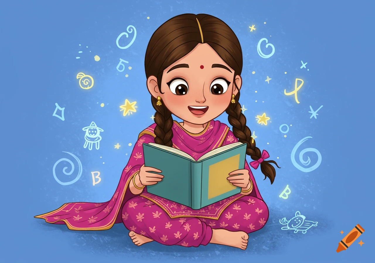 Cute cartoon of a smiling Punjabi girl with braided hair and a pink salwar kameez, sitting and reading a book on a blue background.