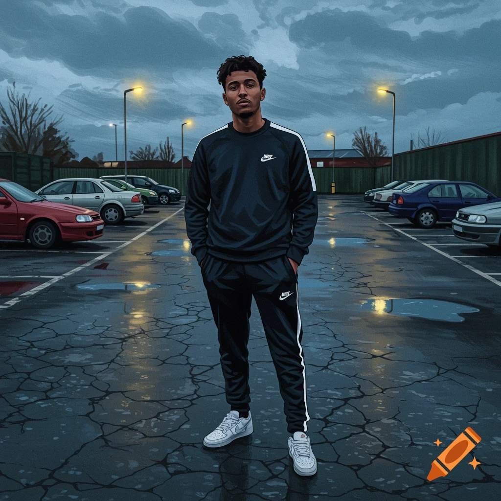 A young mixed-race man in a dark Nike tracksuit stands in a wet, cracked car park at dusk, hands in pockets. Cars and streetlights are in the background.