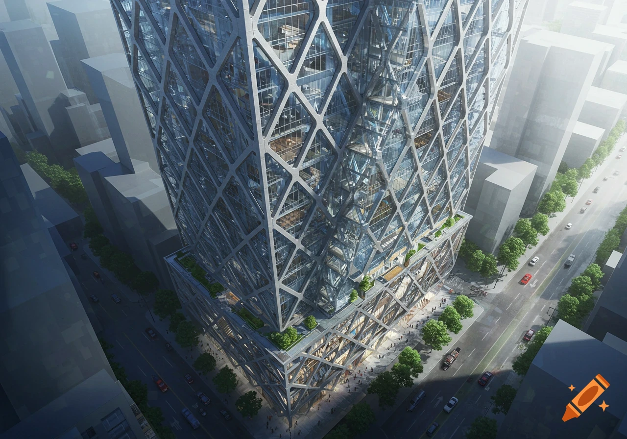 Aerial view of a tall, modern skyscraper with a diamond-patterned facade in a city with streets and other buildings, photorealistic.