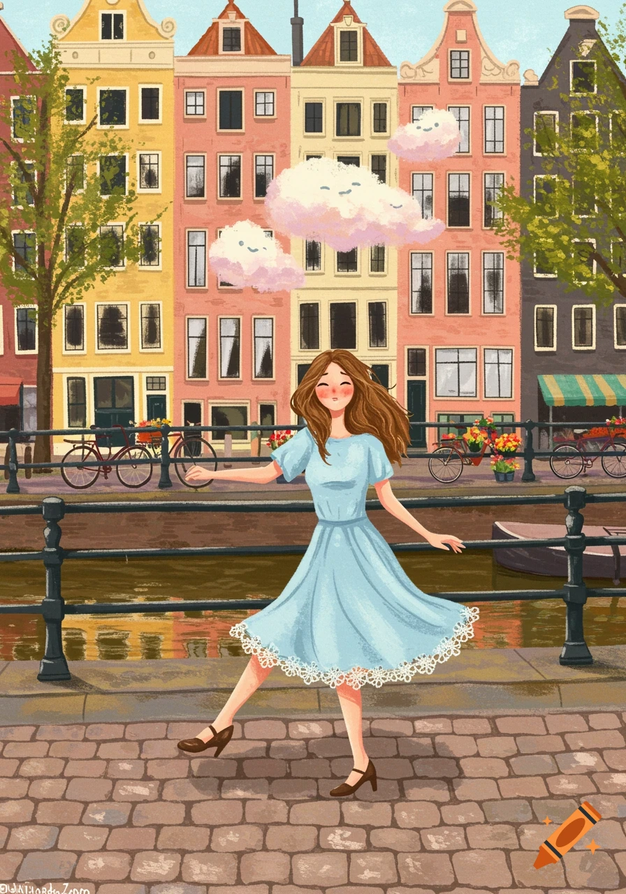 An illustration of a happy woman in a blue dress dancing on a cobblestone street beside a canal with colorful buildings in the background.