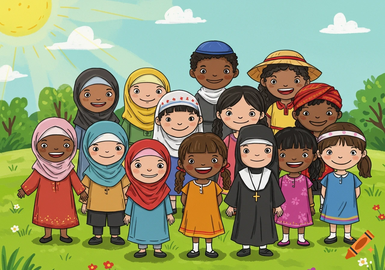 Cartoon illustration of diverse children from different cultures and religions smiling together in a grassy field under a sunny sky.