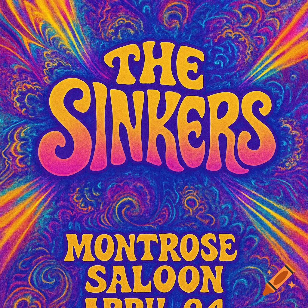 Psychedelic concert poster with bright, swirling colors and large text reading 'The Sinkers' and 'Montrose Saloon'.
