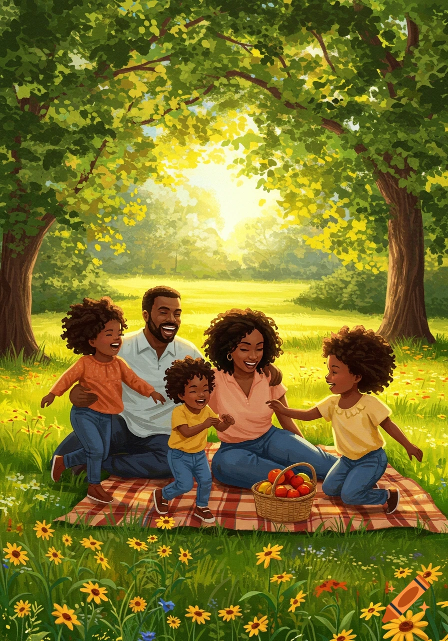 A happy African American family, including a mother, father, and three children, enjoying a picnic under a tree in a sunny, green field filled with flowers, in an illustration style.