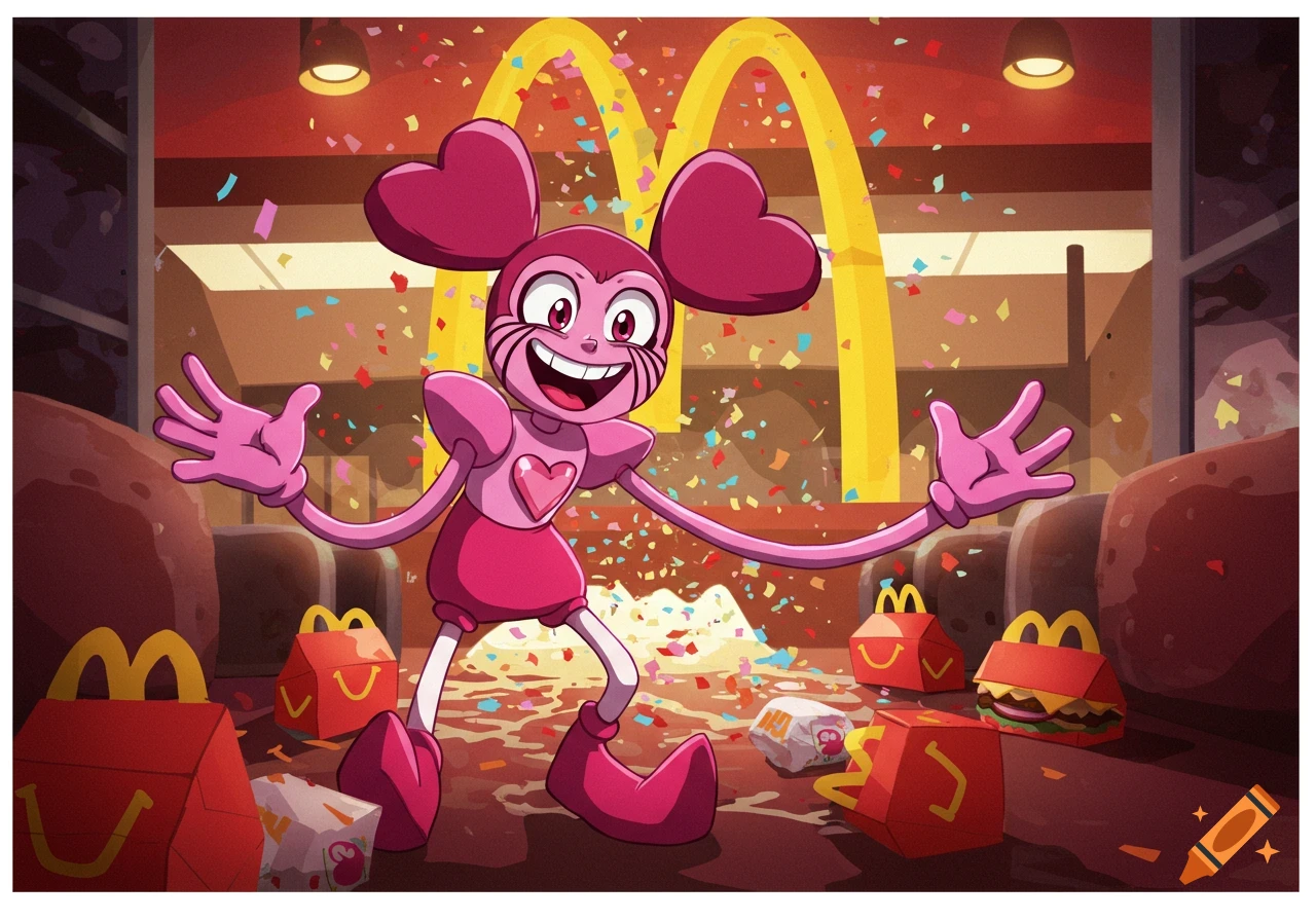 Spinel, a pink cartoon character, stands smiling in a McDonald's restaurant with confetti falling around her and Happy Meal boxes on the floor.