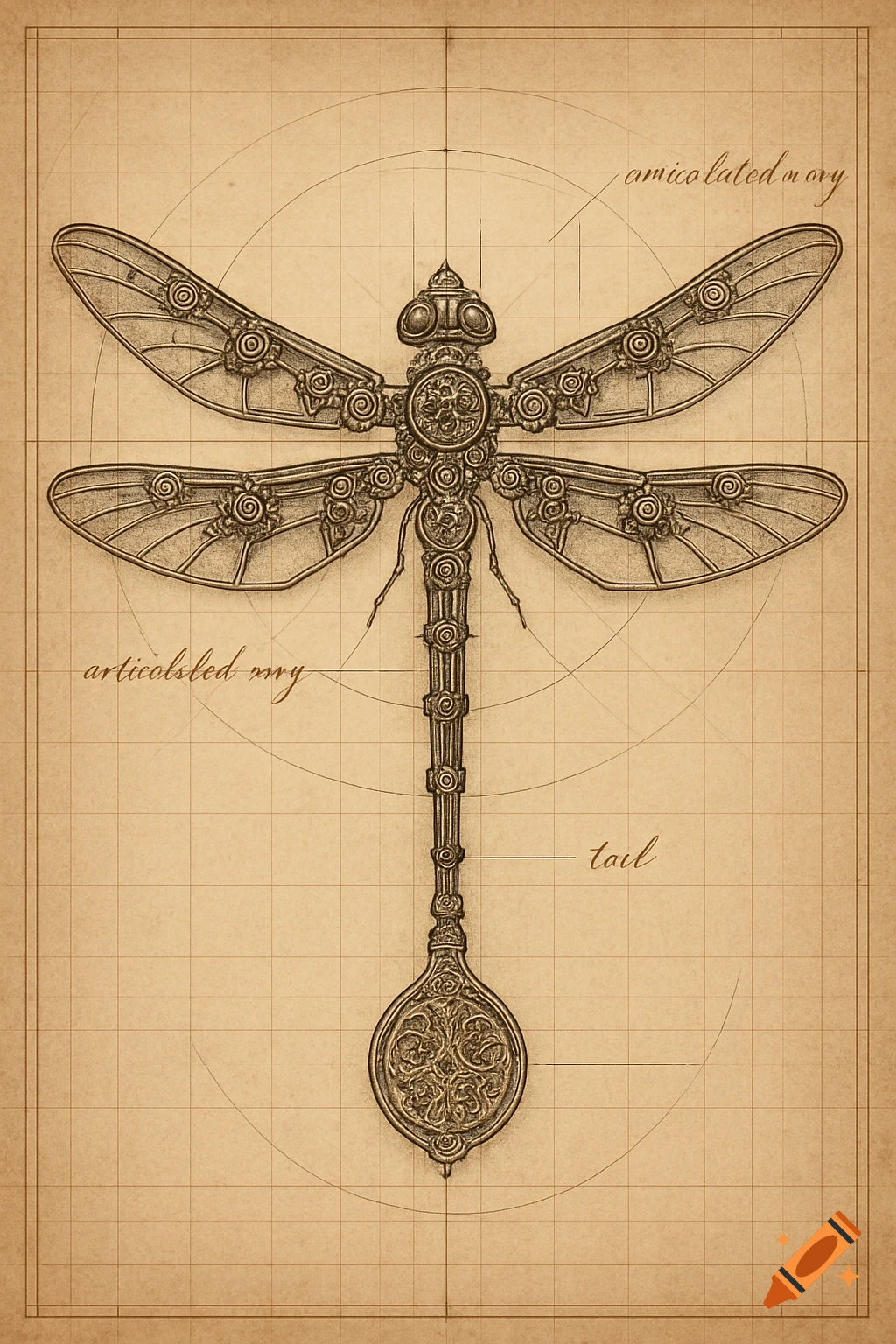 A steampunk dragonfly blueprint with intricate clockwork details and a medallion tail, on aged grid paper.