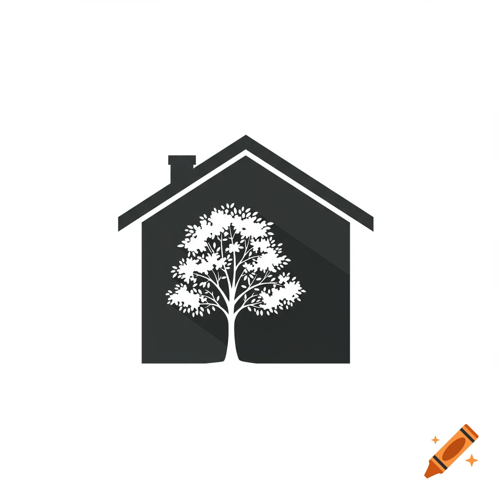 A minimalist black house icon with a white tree silhouette inside, casting a long shadow.