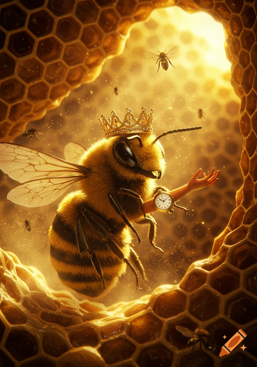 A close-up, highly detailed shot of a fuzzy queen bee wearing a golden crown and a wristwatch on a human-like arm, set within a glowing honeycomb hive.
