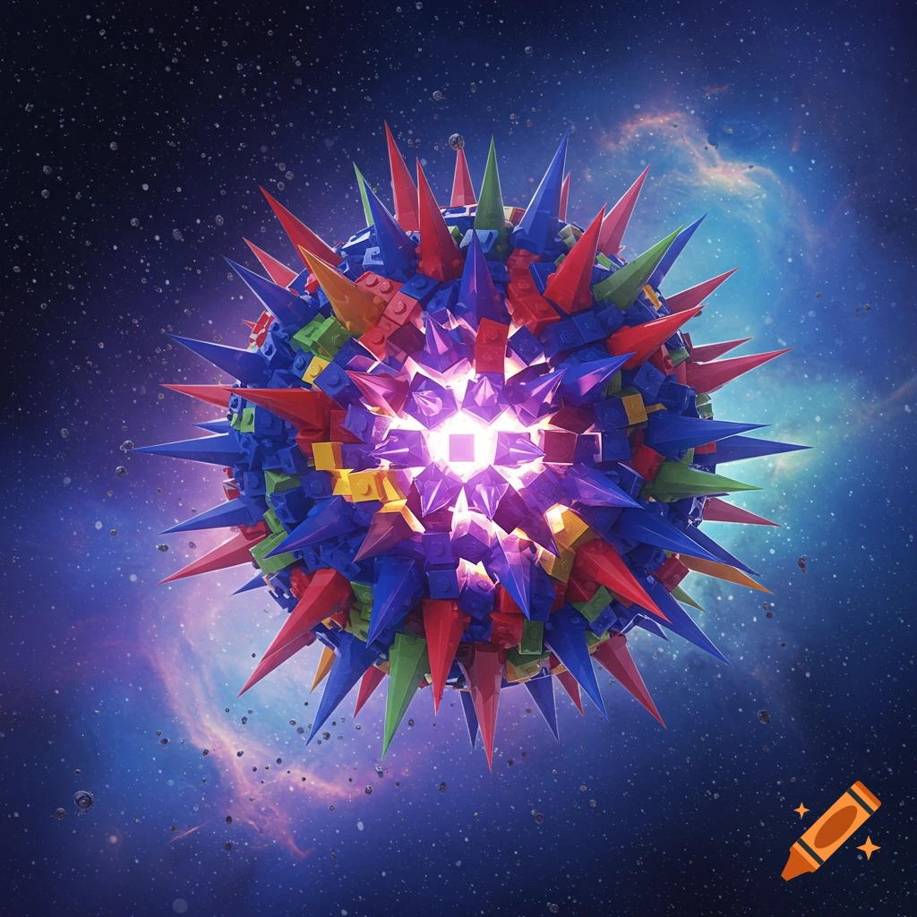 A colorful, spiky ball made of Lego bricks floats in deep space, glowing with a bright central light.