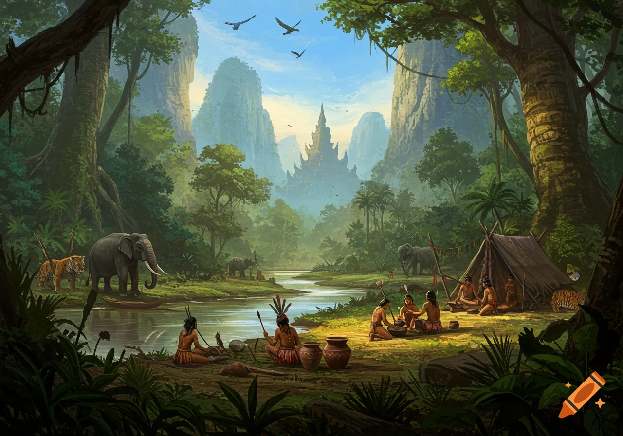 A detailed illustration of an ancient jungle scene with indigenous people, elephants, tigers, a river, and a distant temple under a blue sky.