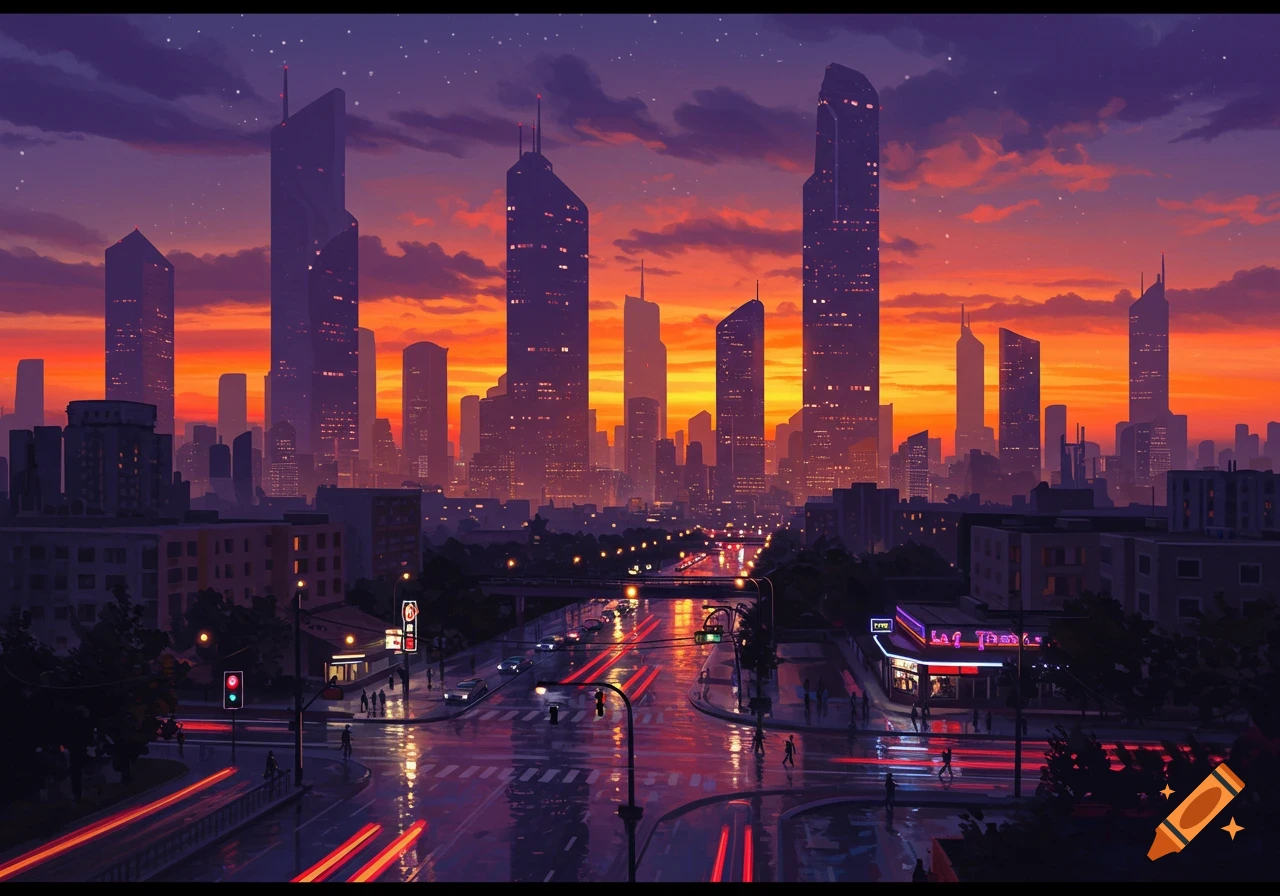 A vibrant digital painting of a futuristic city at sunset, with tall skyscrapers silhouetted against an orange and purple sky, and light trails on wet streets below.