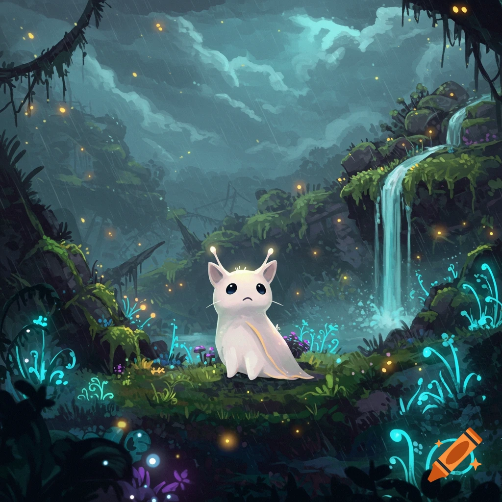 A sad white slugcat creature with glowing antennae sits in a mystical, rainy forest with glowing plants and a waterfall.