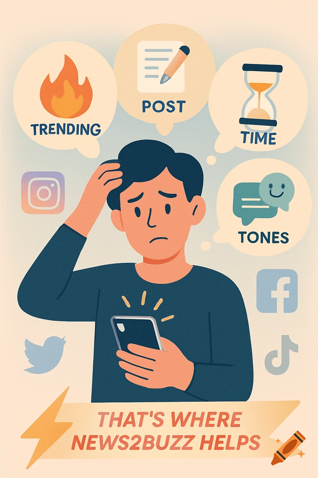 A flat illustration of a confused person looking at a phone, surrounded by thought bubbles about social media (trending, post, time, tones) and social media app icons.