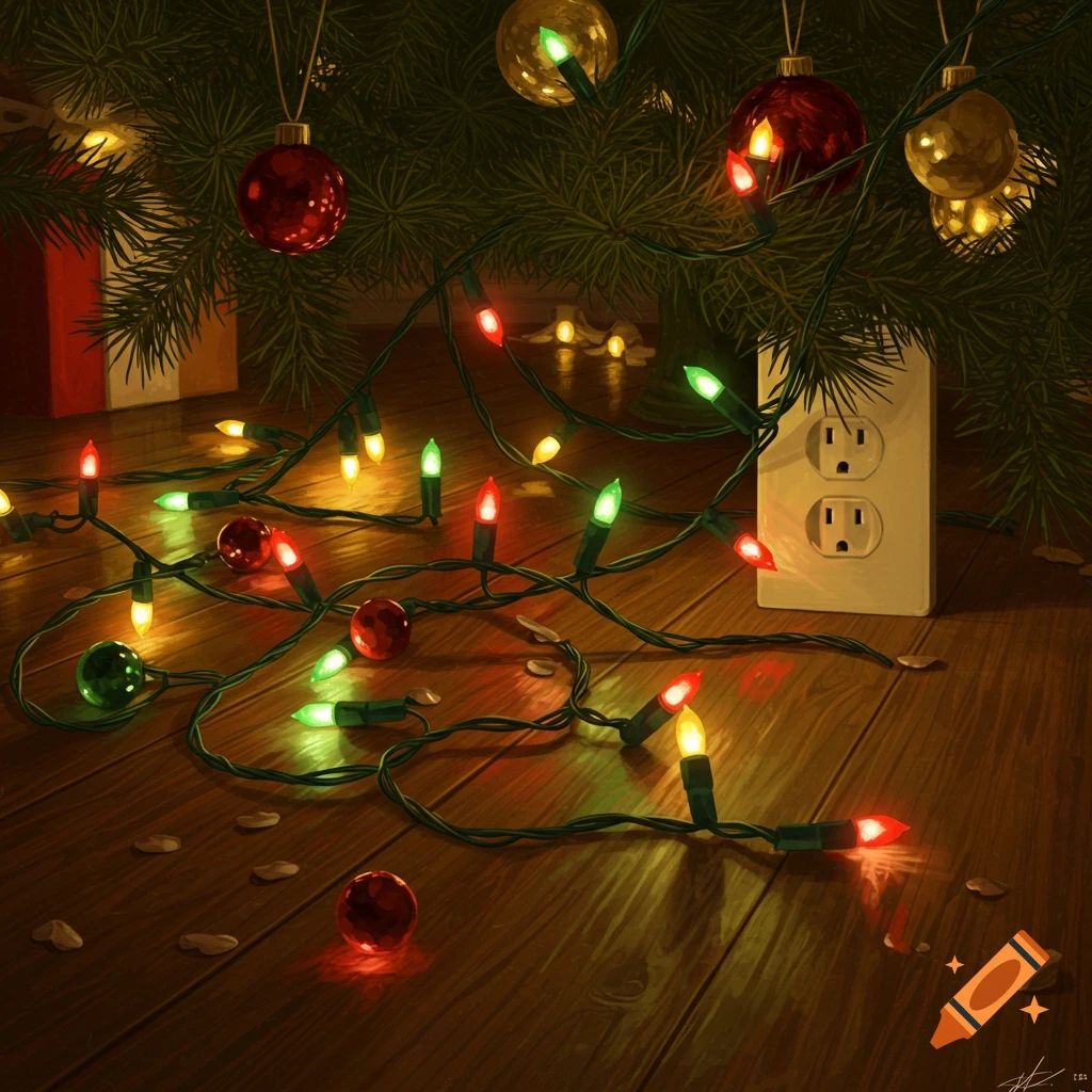 Christmas lights, some glowing, tangled on a wooden floor near a power outlet and under a Christmas tree.