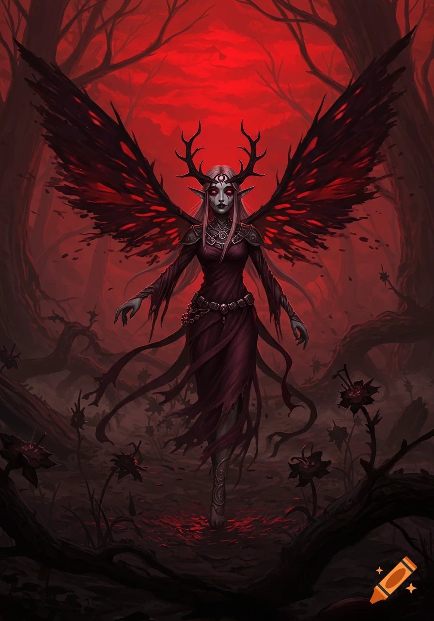 A dark fantasy image of a corrupted fairy with red eyes, horns, and black wings, standing in an eerie red forest.