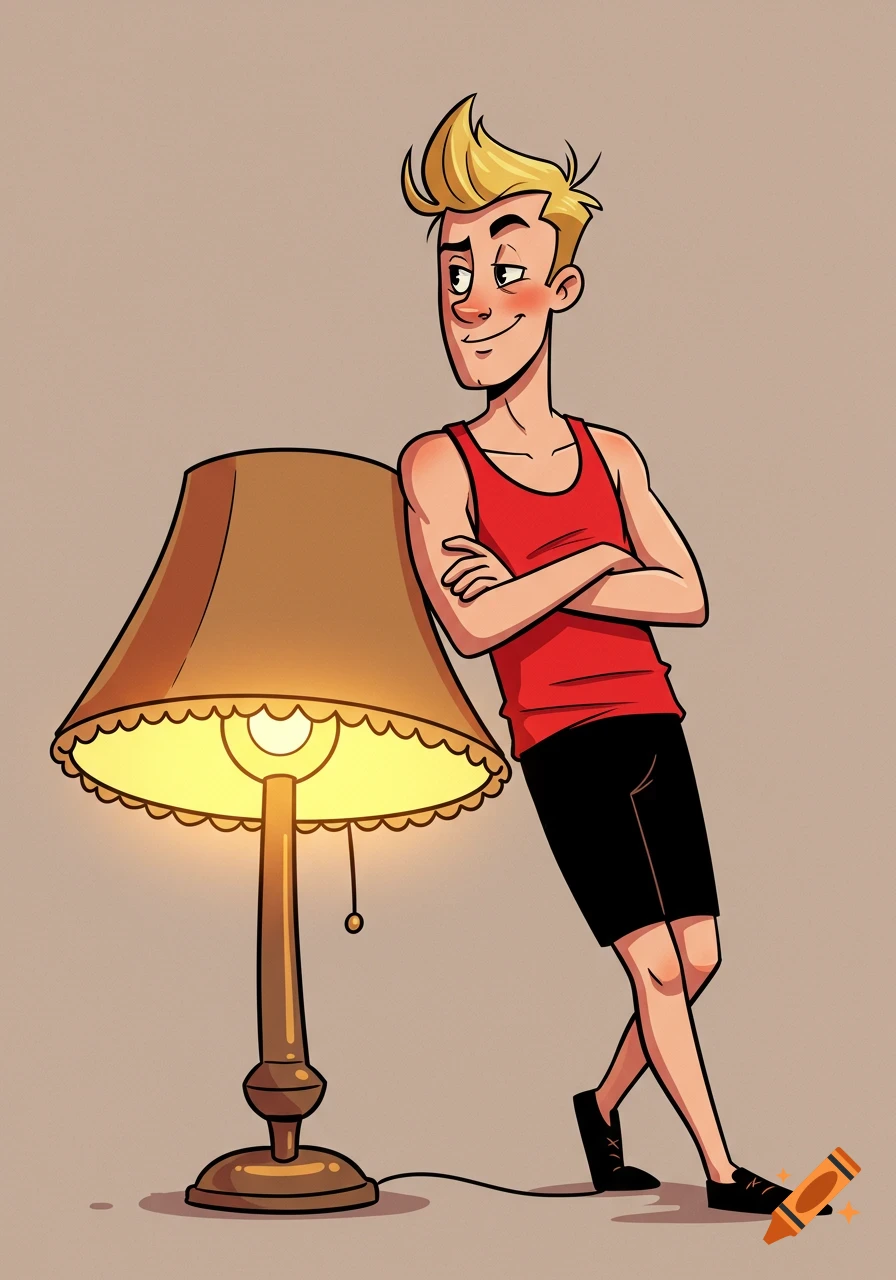 A blond man in a red tank top and black shorts leans mischievously against a large table lamp in a franco-belgian comic style.