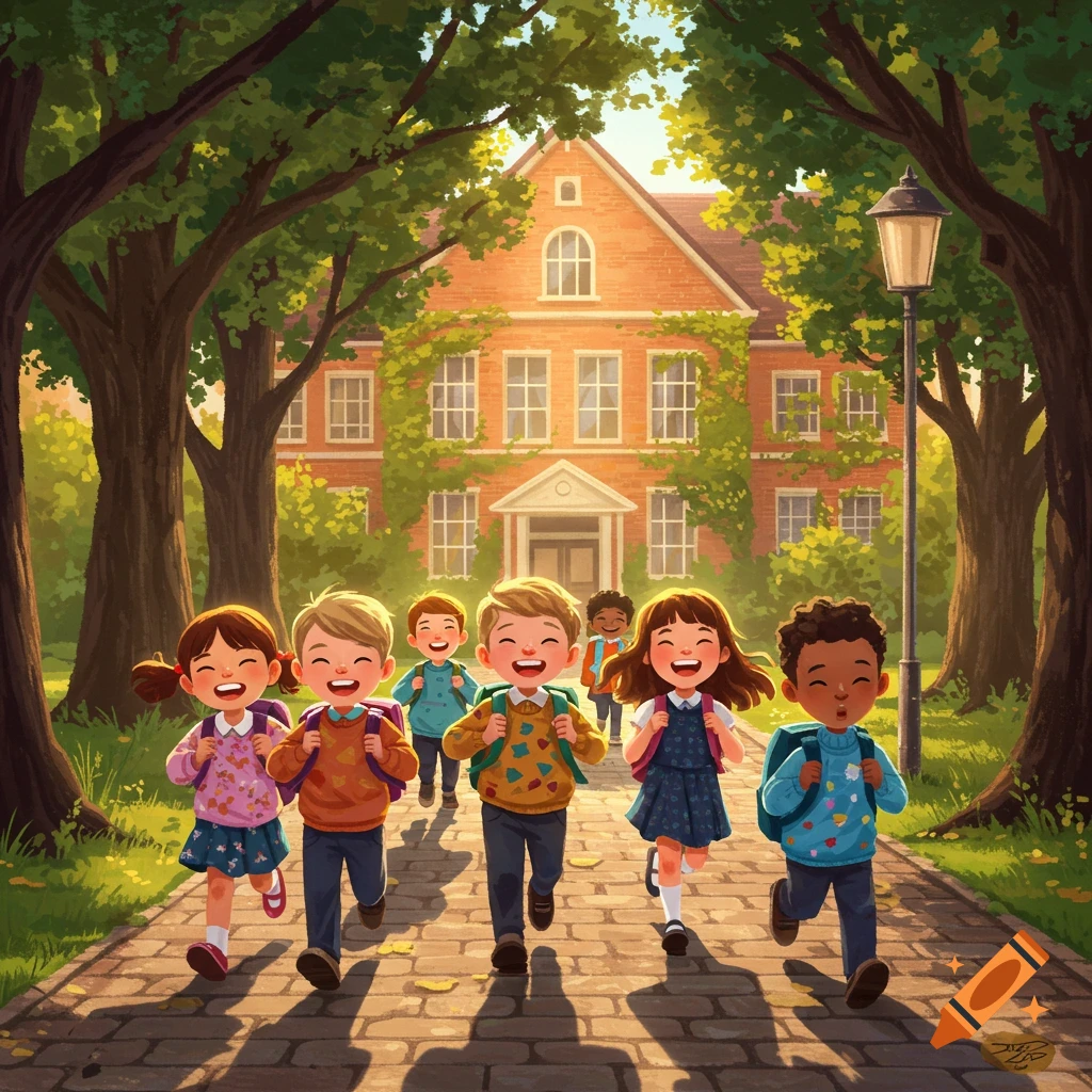 Happy diverse children with backpacks run on a sunny path towards a brick school building, surrounded by trees, in a cheerful illustration.