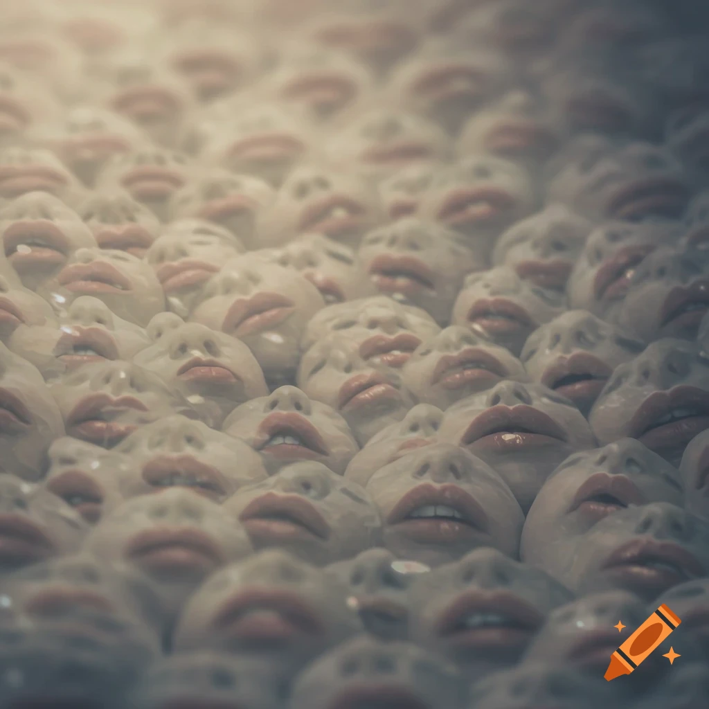 A multitude of pale, ethereal human faces, mostly with open mouths, arranged closely together to form a textured, dreamlike surface. The scene is somewhat hazy and misty.