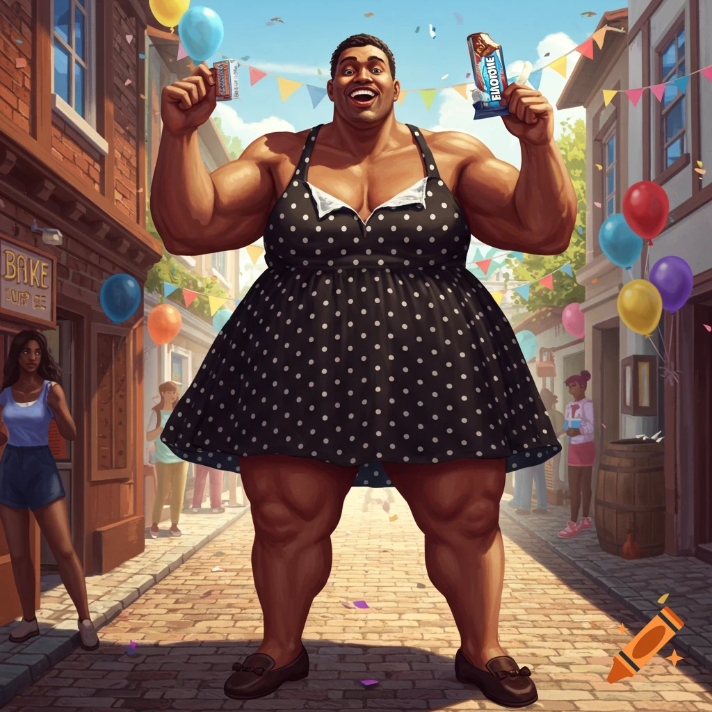A muscular Black man in a polka dot dress holds up two candy bars on a festive street with balloons and banners.