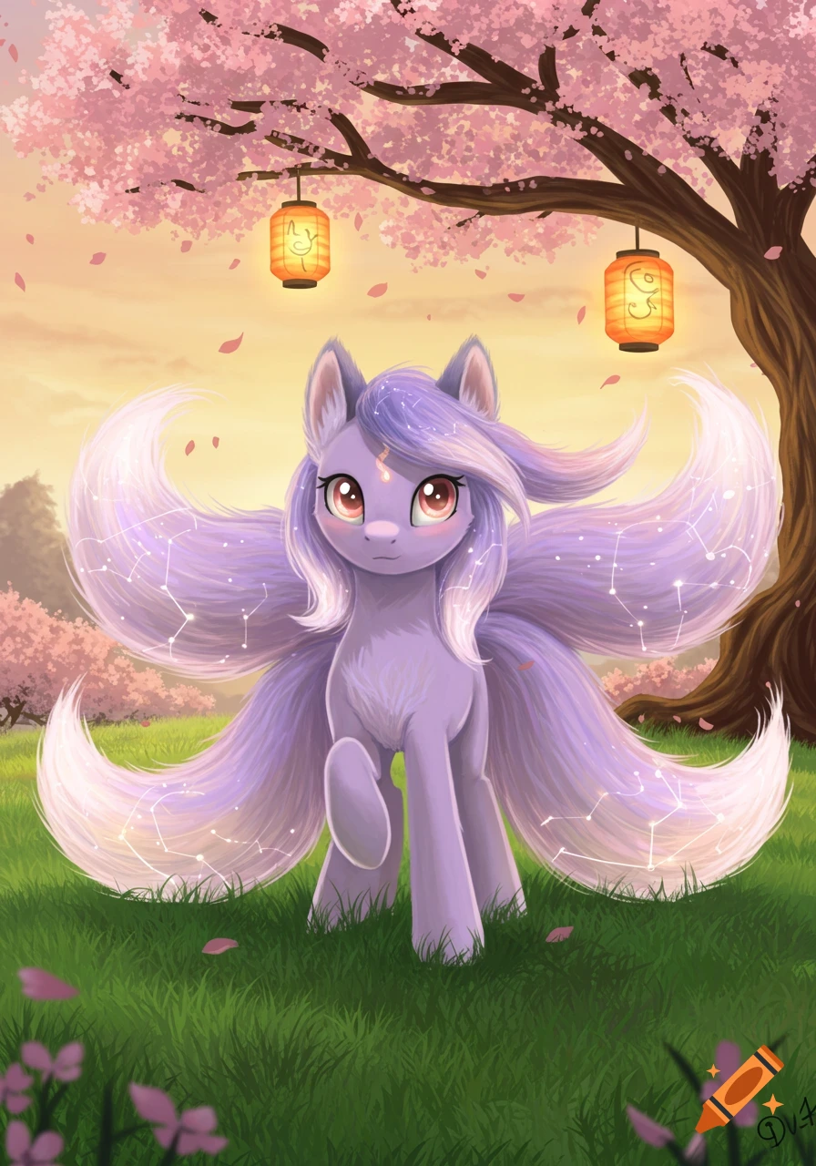 A lavender-colored pony-kitsune with multiple glowing tails stands in a grassy field under a cherry blossom tree with lanterns at sunset.