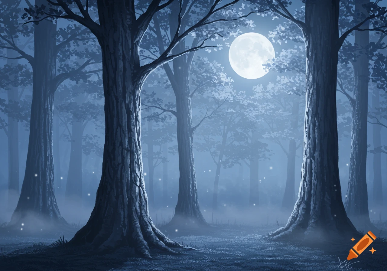 A mystical forest at night with a full moon illuminating tall trees and thick mist, with small glowing specks.