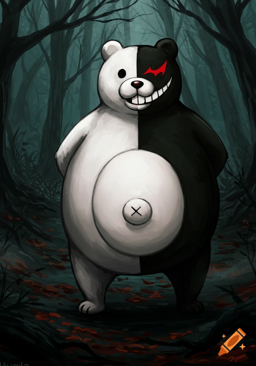 Monokuma, a black and white bear from Danganronpa, with a wide grin and a large belly, stands in a dark forest in an anime style.
