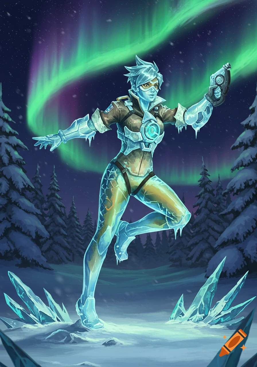 Overwatch character Tracer, frozen in ice, stands in a snowy forest under a green and purple aurora borealis.