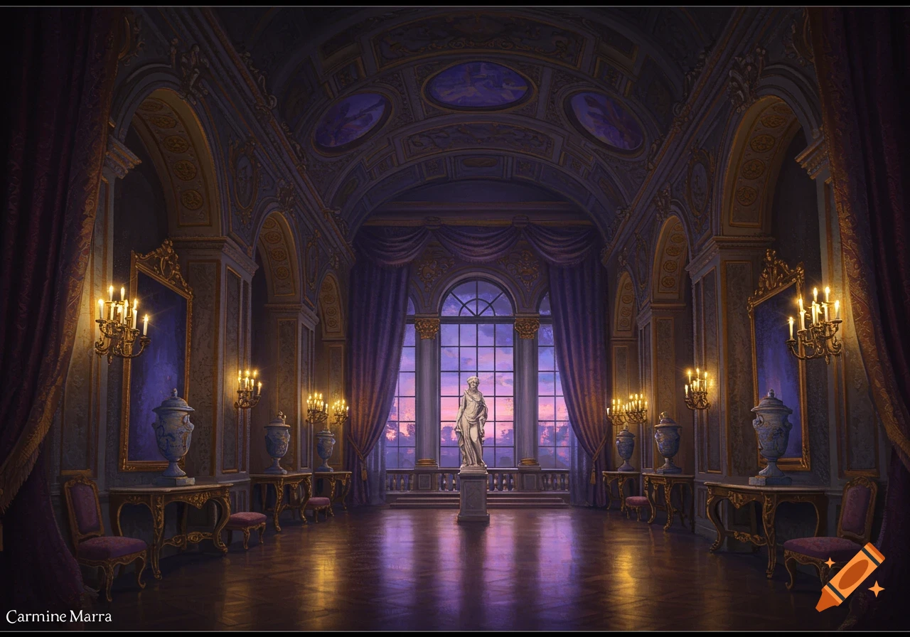 A grand, ornate hall with purple curtains, golden accents, and a central statue, illuminated by chandeliers.